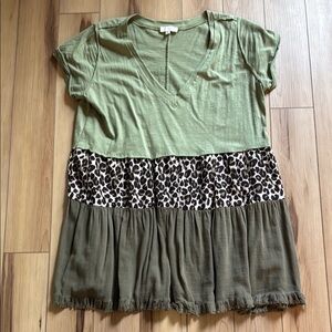 Umgee Olive Green Tiered Dress with Leopard Print Panel